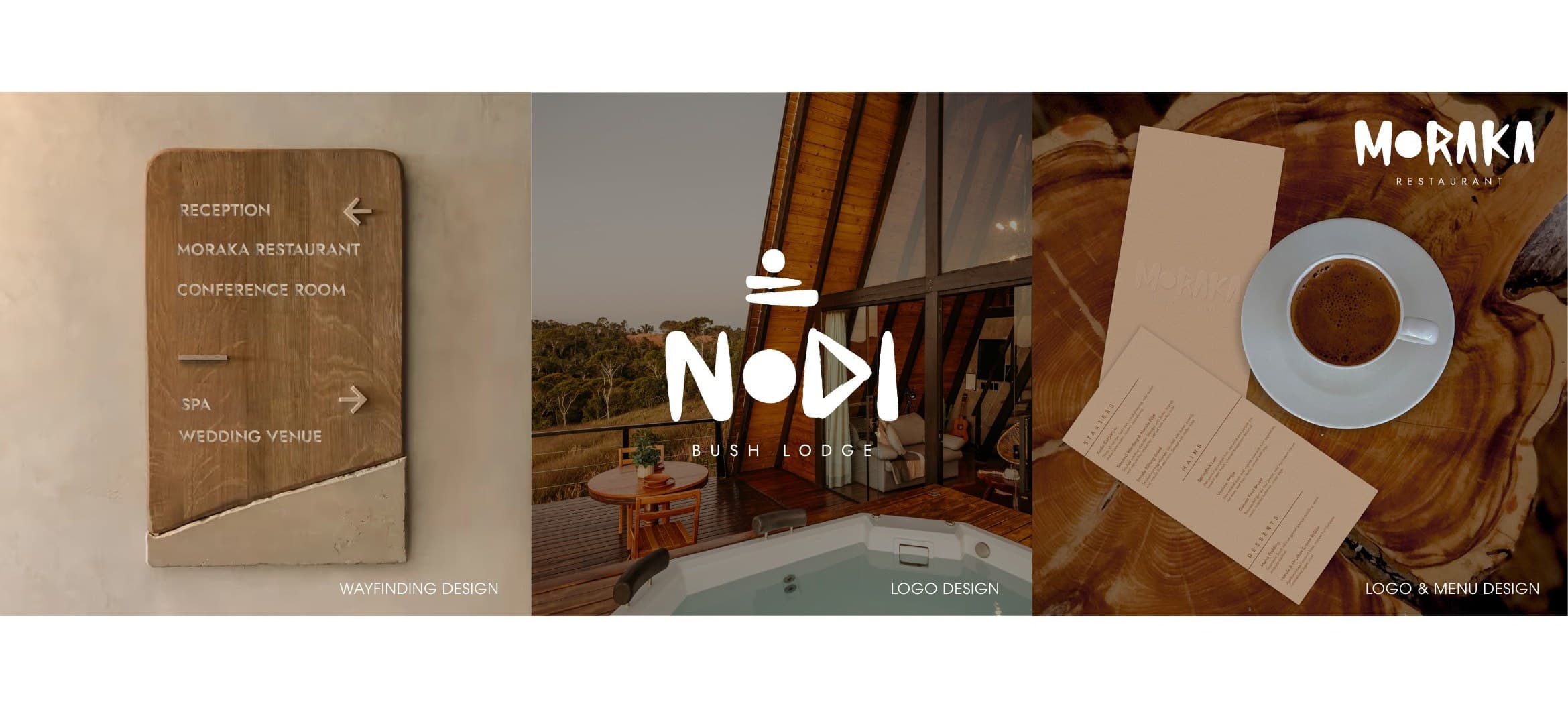 Deliverables: wayfinding signage, logo design on the lodge exterior, and Moraka restaurant logo and menu design.