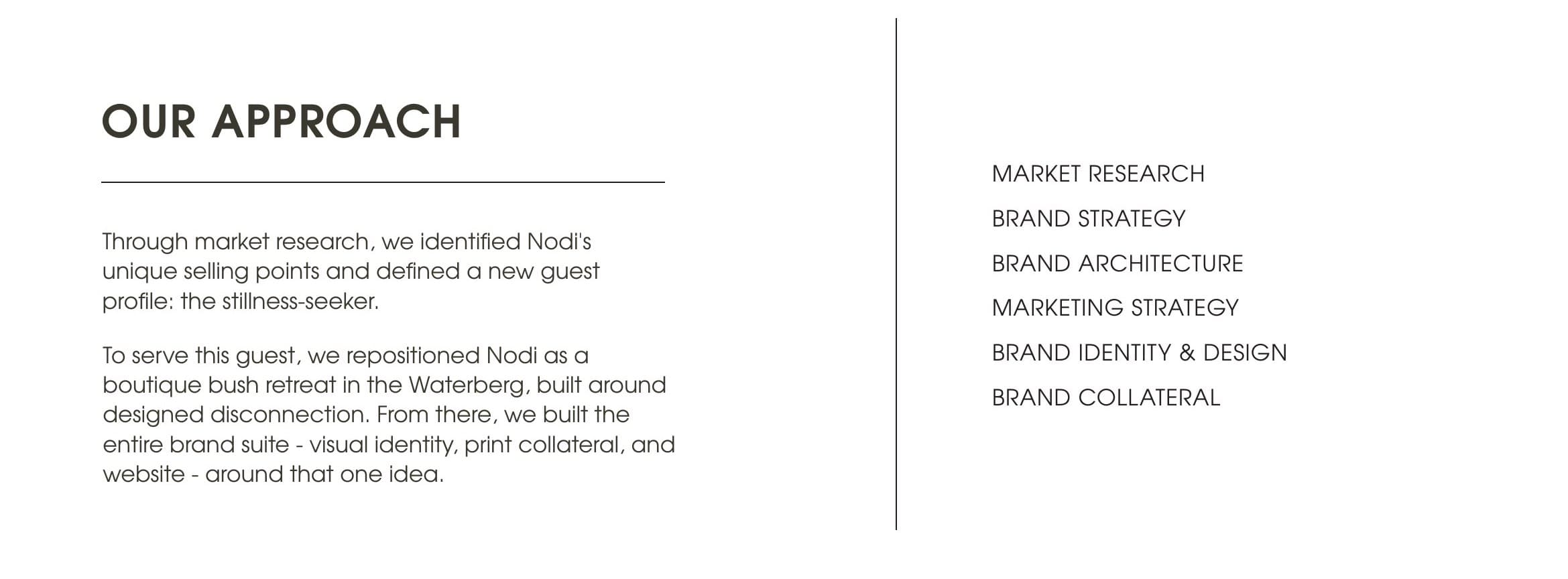 Our Approach: market research identified Nodi's unique selling points and a new guest profile, the stillness-seeker. Scope — market research, brand strategy, brand architecture, marketing strategy, brand identity & design, brand collateral.