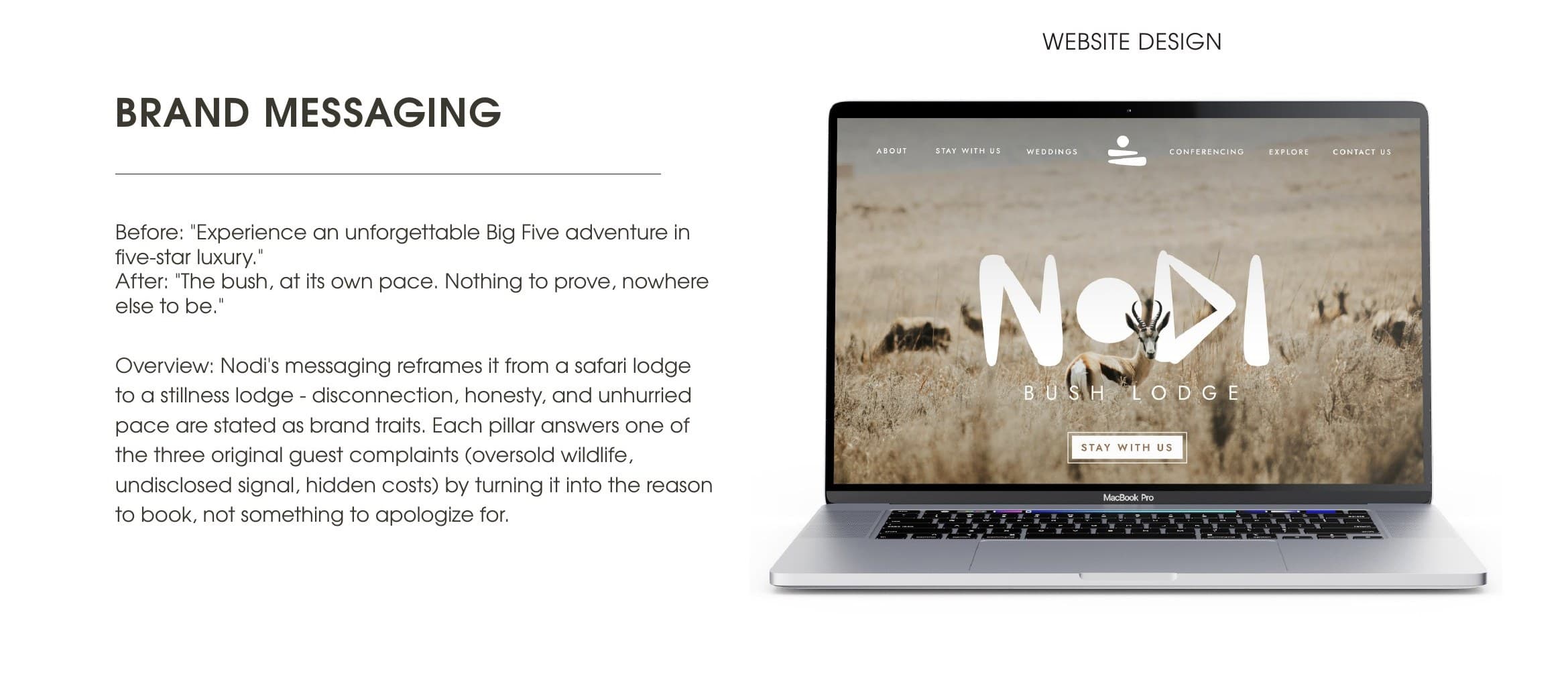 Brand Messaging — before: 'Experience an unforgettable Big Five adventure in five-star luxury.' After: 'The bush, at its own pace. Nothing to prove, nowhere else to be.' Shown on the Nodi website design.